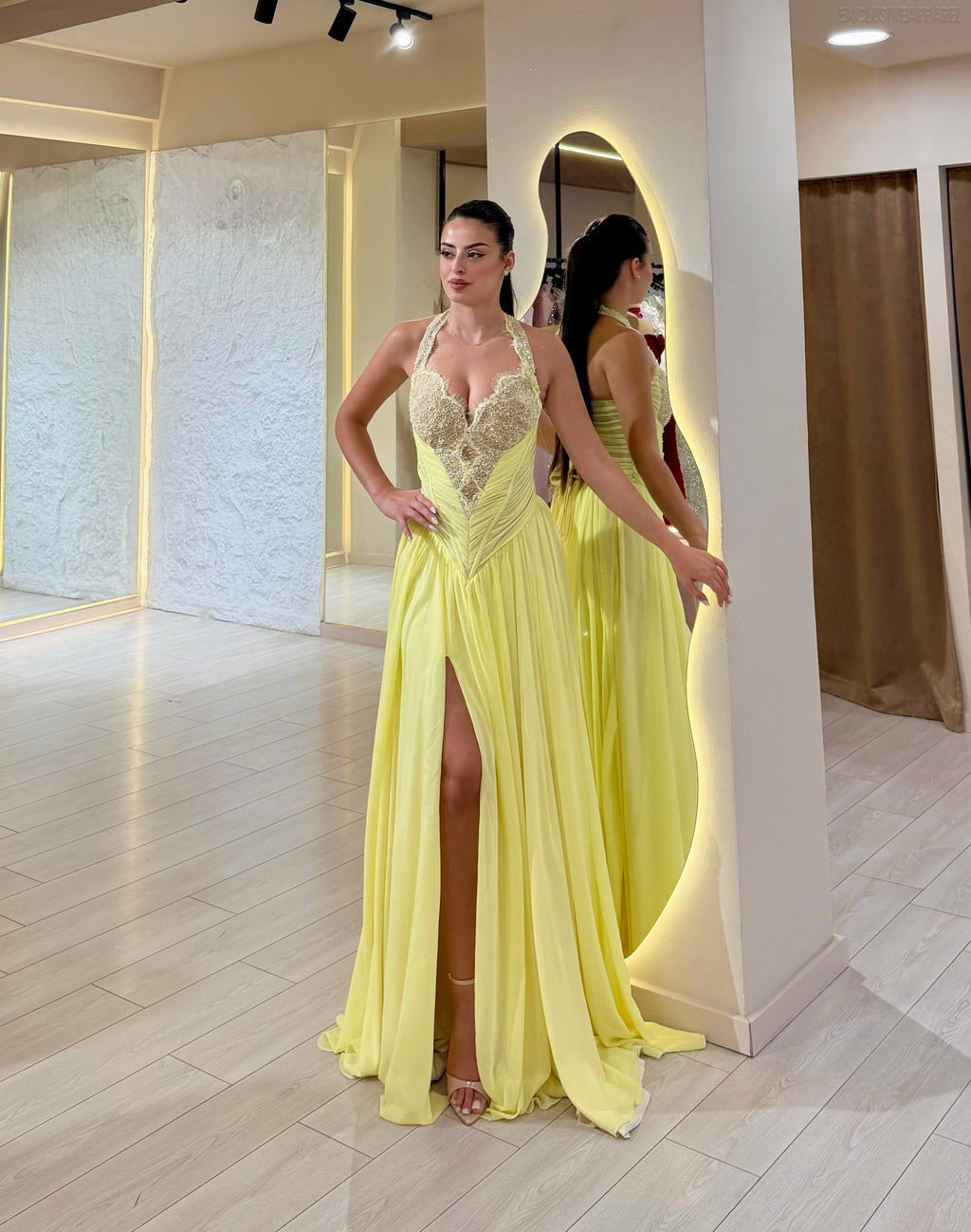 Julia Yellow Long-Sleeved High Slit Wrap-Around Dress