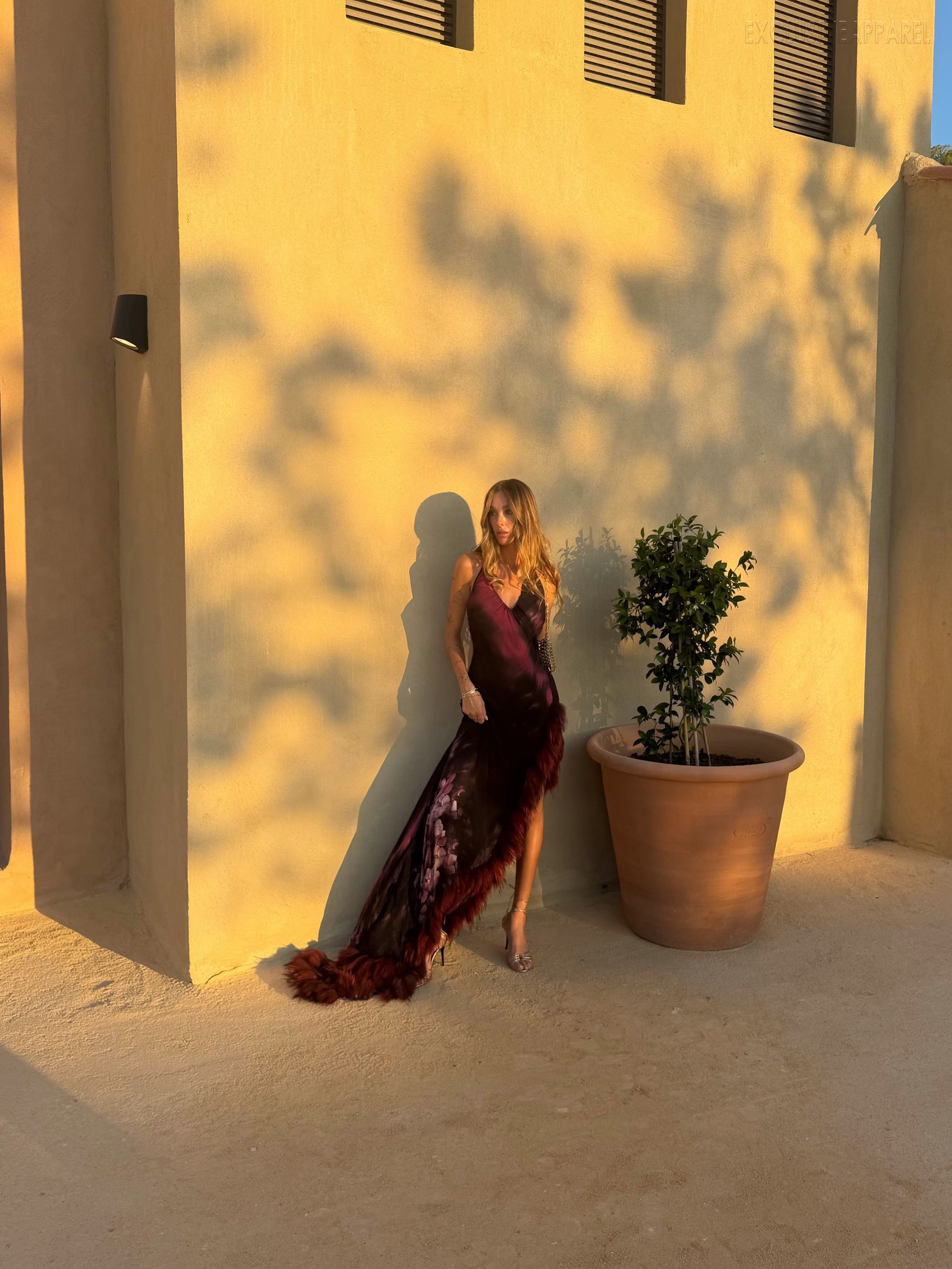 Mira Purple V-neck Feather-edge Asymmetric Long Dress