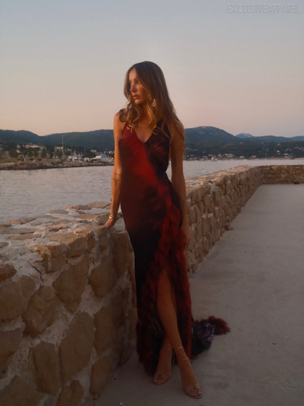Mira Purple V-neck Feather-edge Asymmetric Long Dress