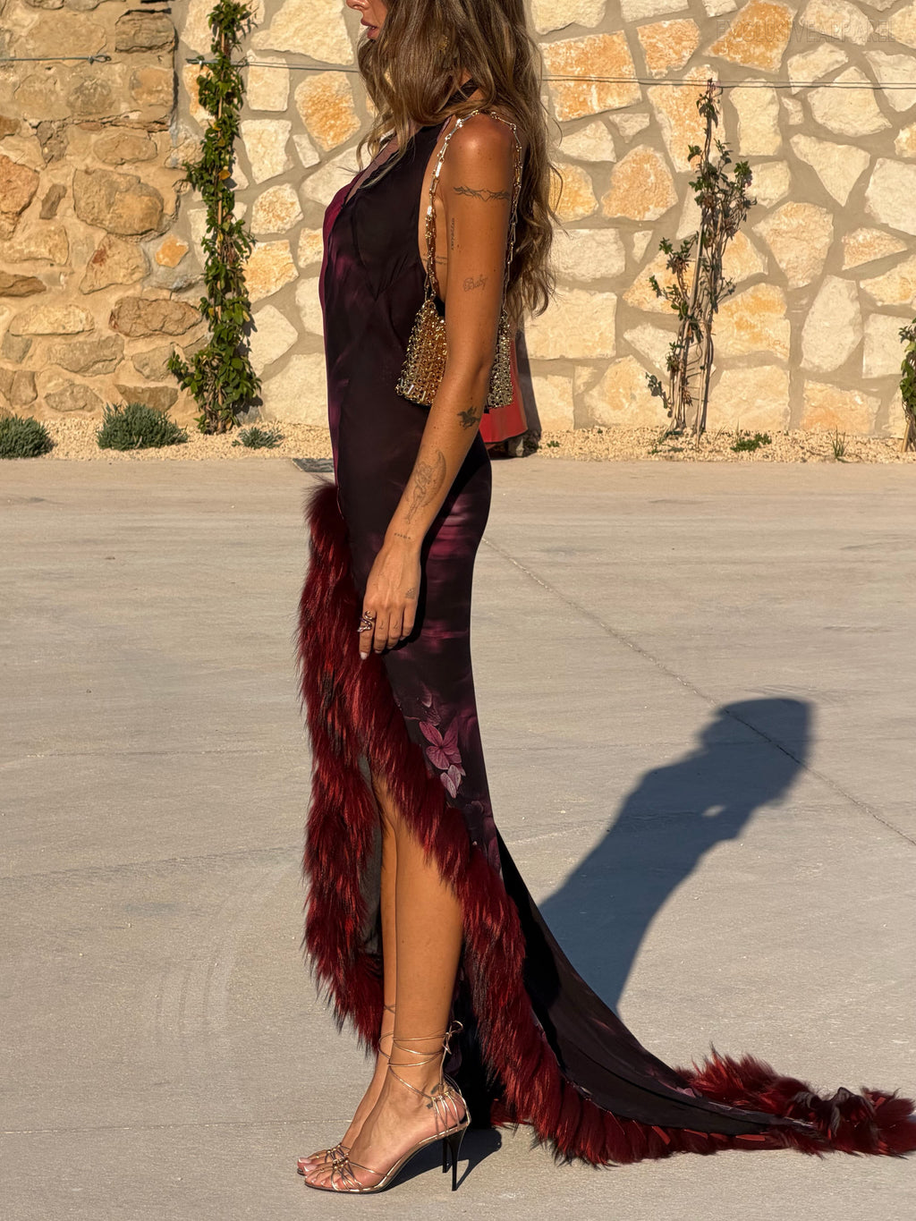 Mira Purple V-neck Feather-edge Asymmetric Long Dress