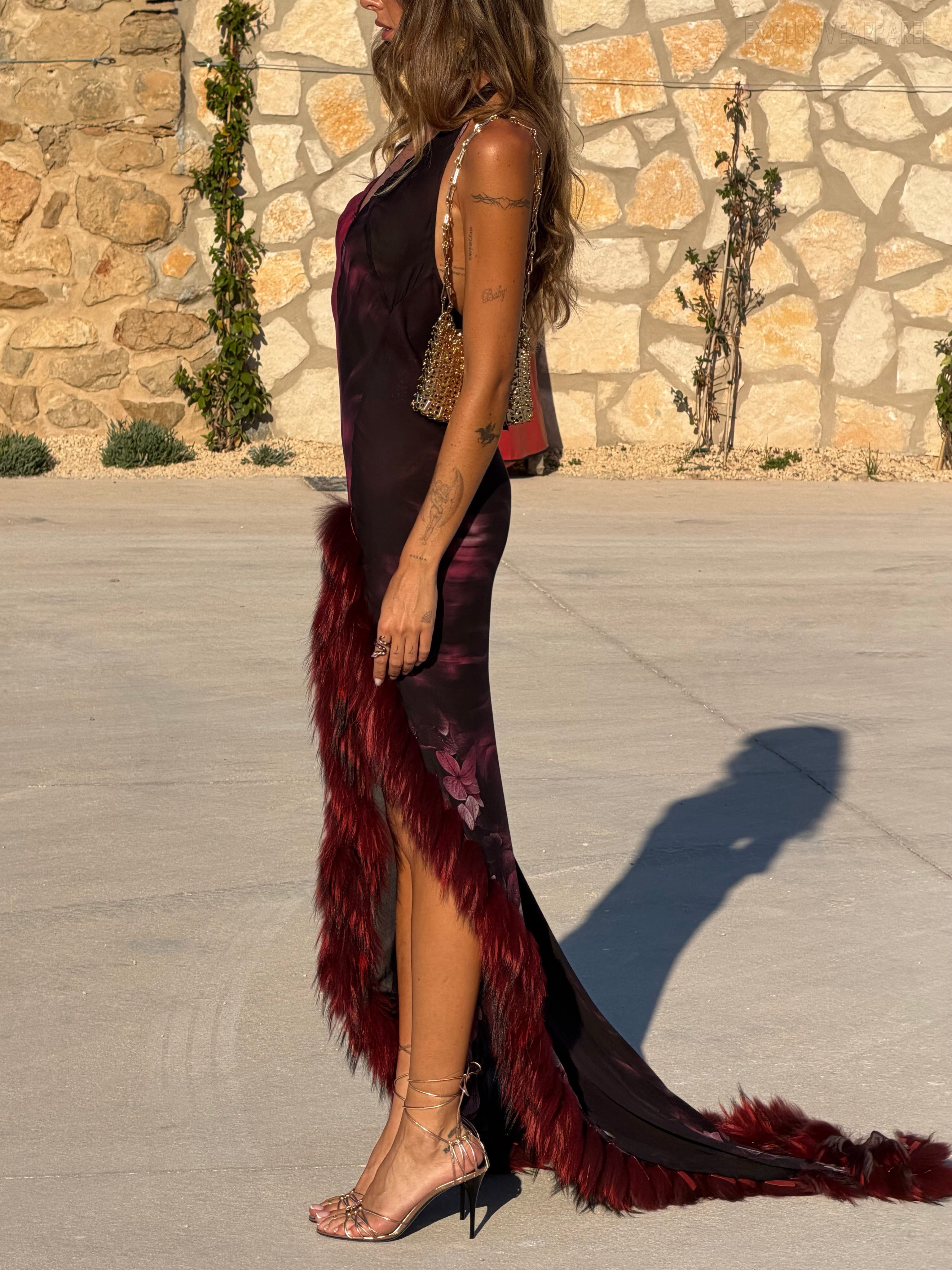 Mira Purple V-neck Feather-edge Asymmetric Long Dress