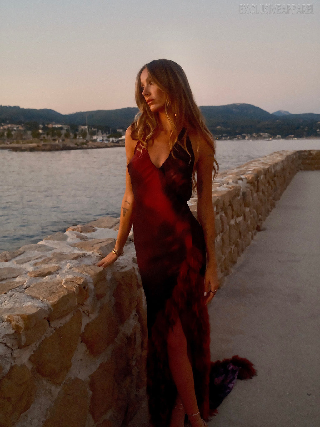 Mira Purple V-neck Feather-edge Asymmetric Long Dress