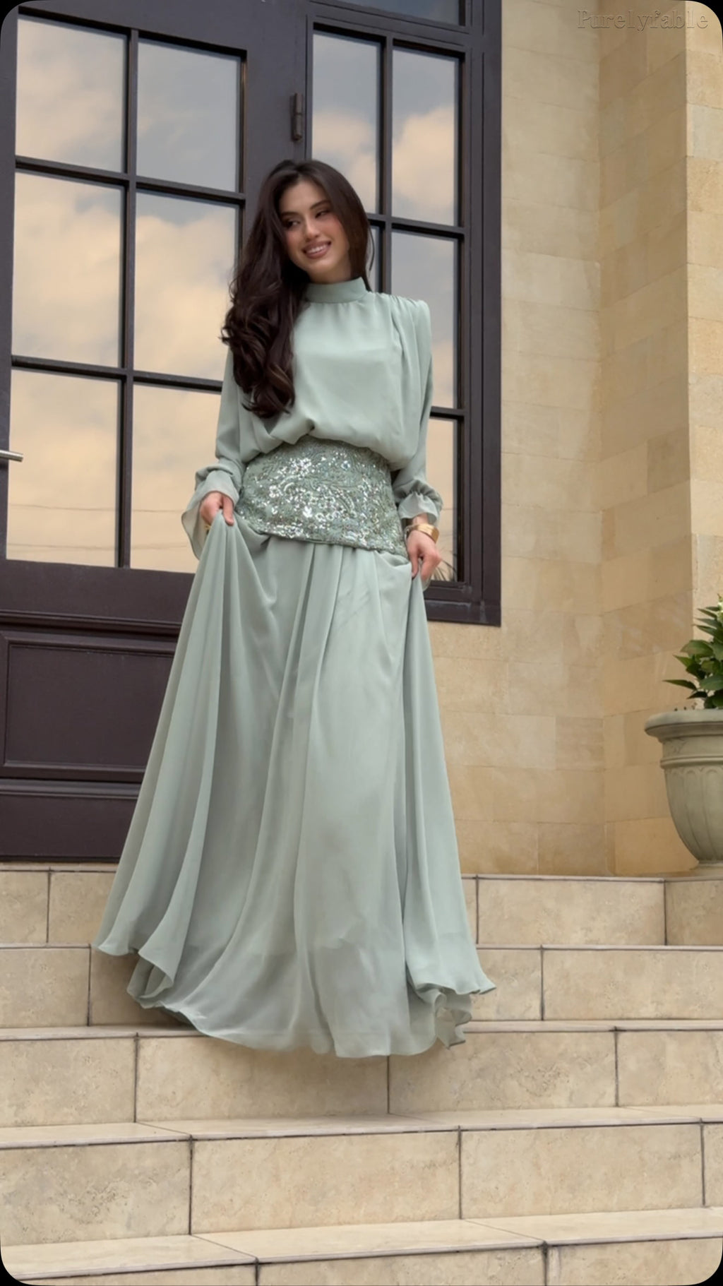 Kamila Light Green High-neck Flowing Long Dress Set