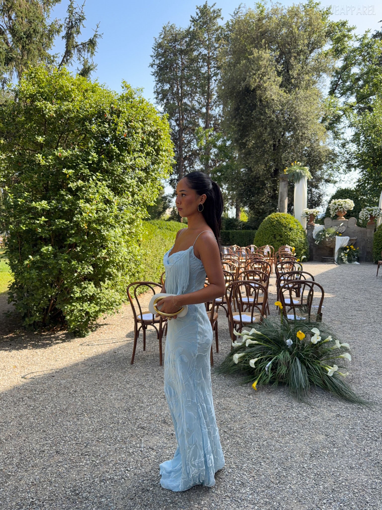 Giselle Blue Fringed Long Dress With Thin Shoulder Straps