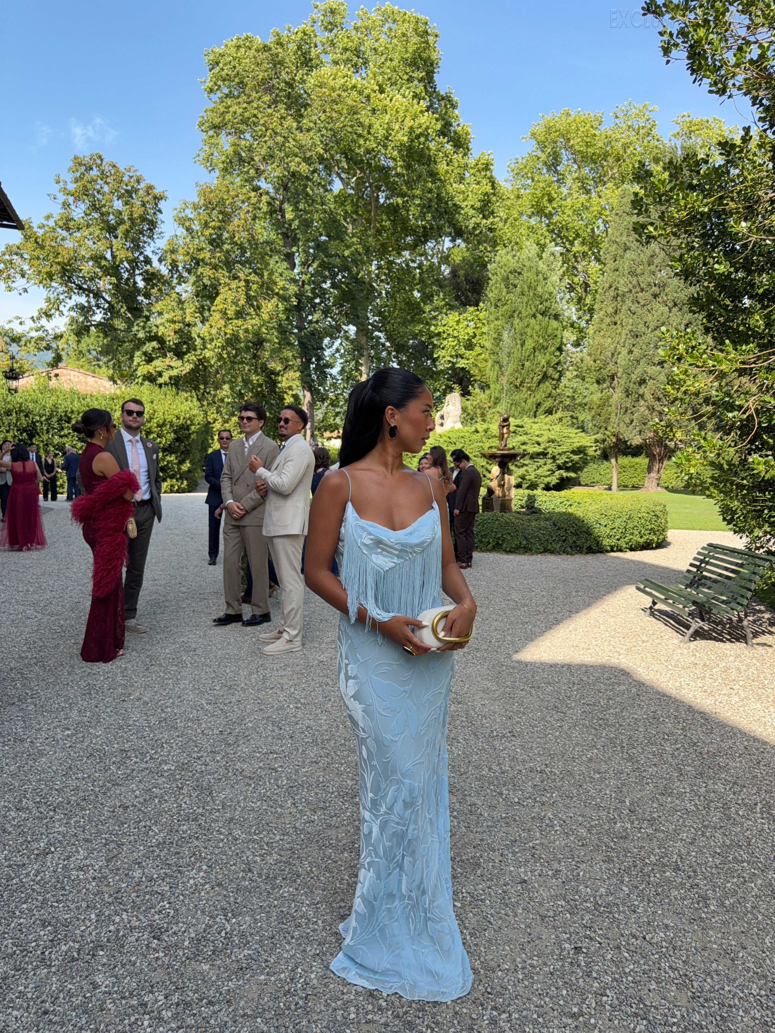 Giselle Blue Fringed Long Dress With Thin Shoulder Straps