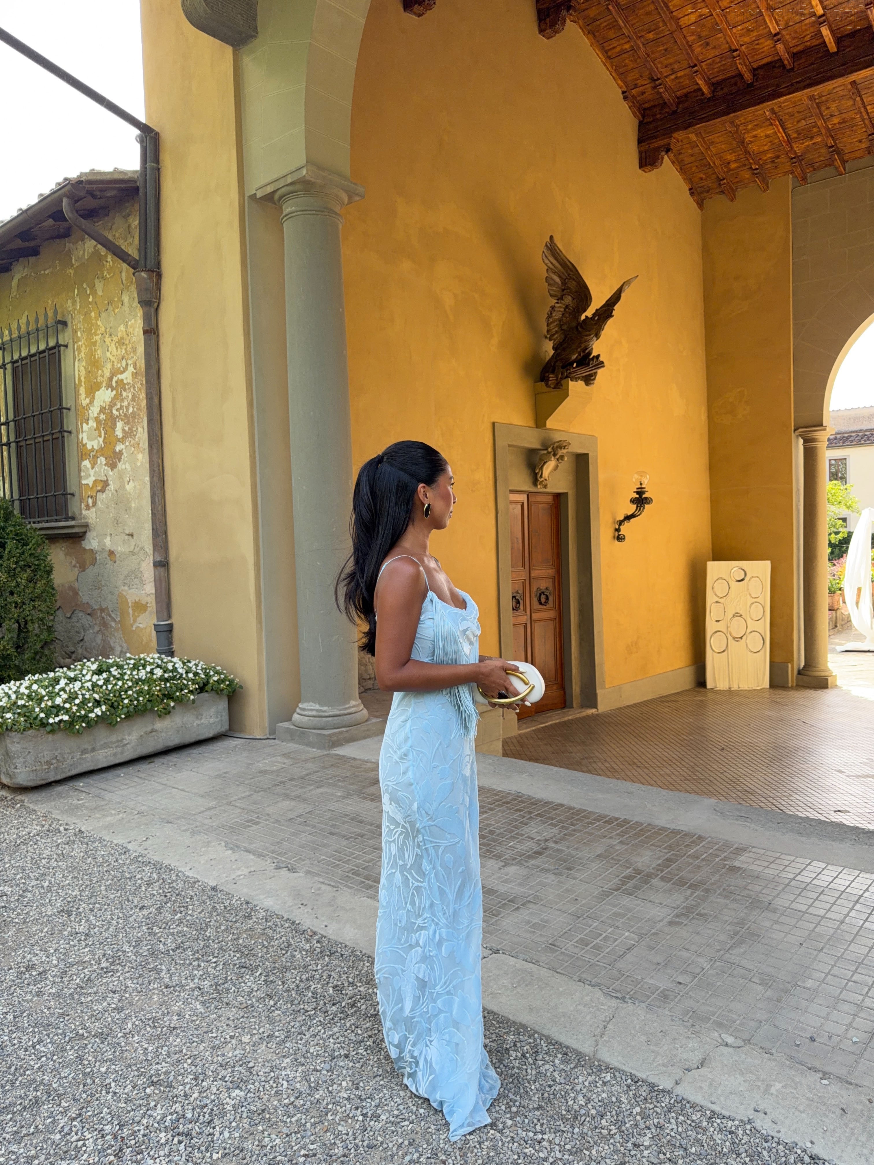 Giselle Blue Fringed Long Dress With Thin Shoulder Straps
