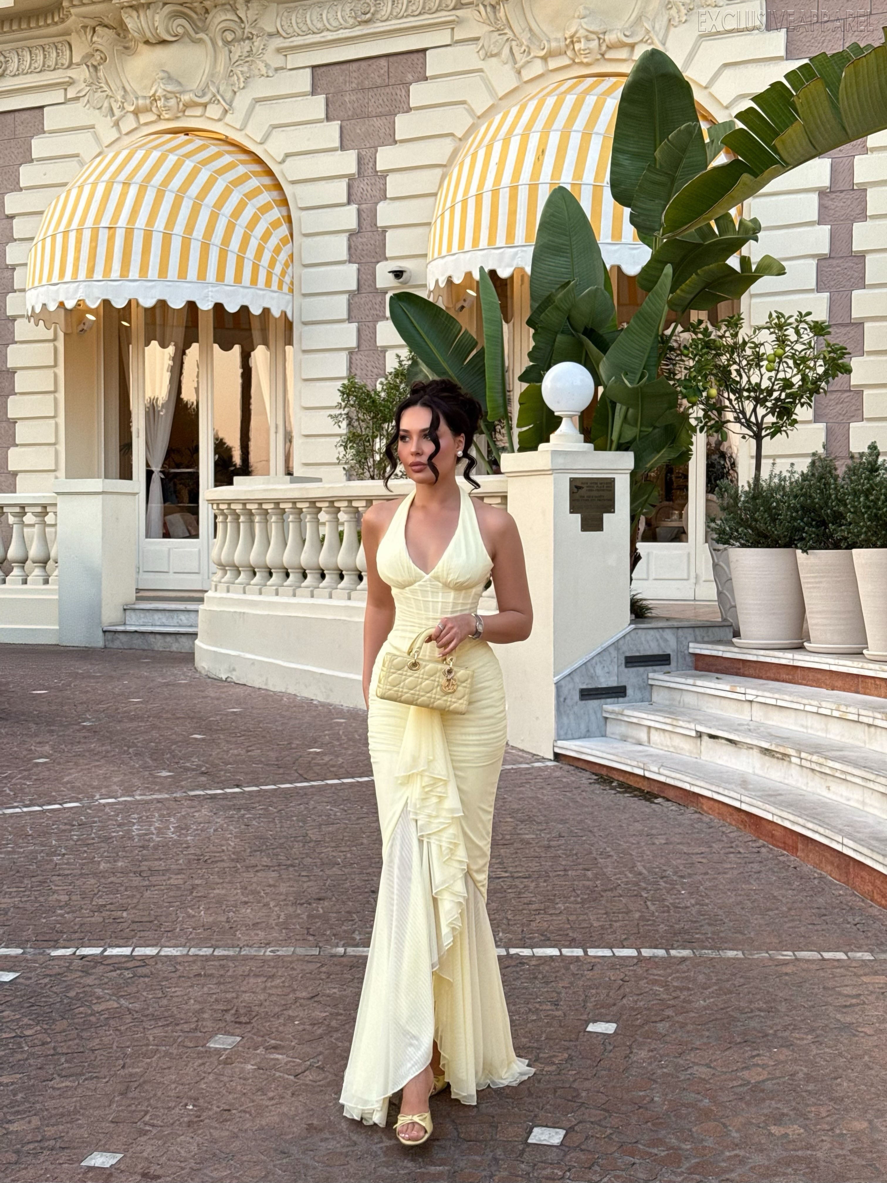 Elara Yellow Neckline Frilled Dress