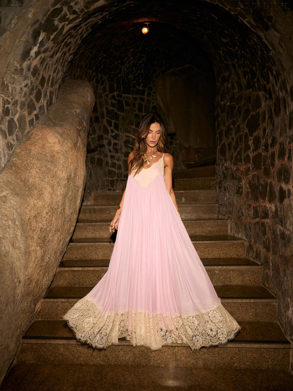 Elise Pink V-neck Sleeveless Long Dress with Shoulder Straps