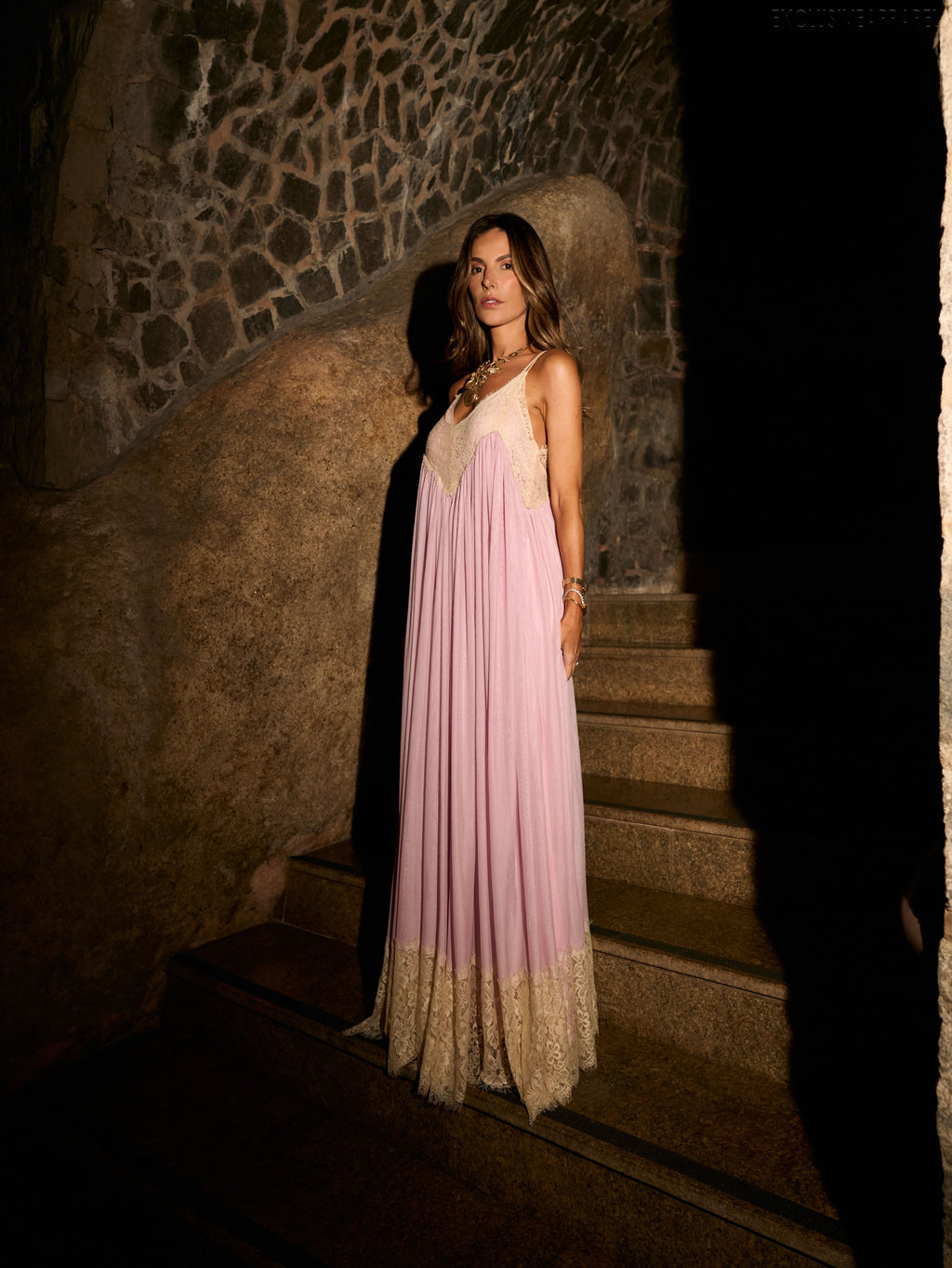 Elise Pink V-neck Sleeveless Long Dress with Shoulder Straps