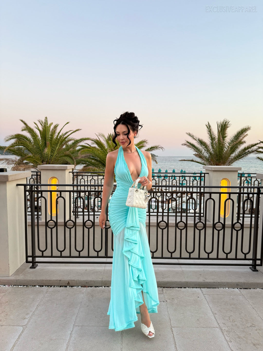 Elina Blue Neckline Deep V Leaf-Shaped Long Dress