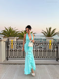 Elina Blue Neckline Deep V Leaf-Shaped Long Dress