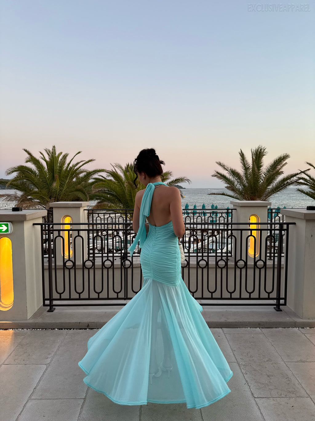 Elina Blue Neckline Deep V Leaf-Shaped Long Dress