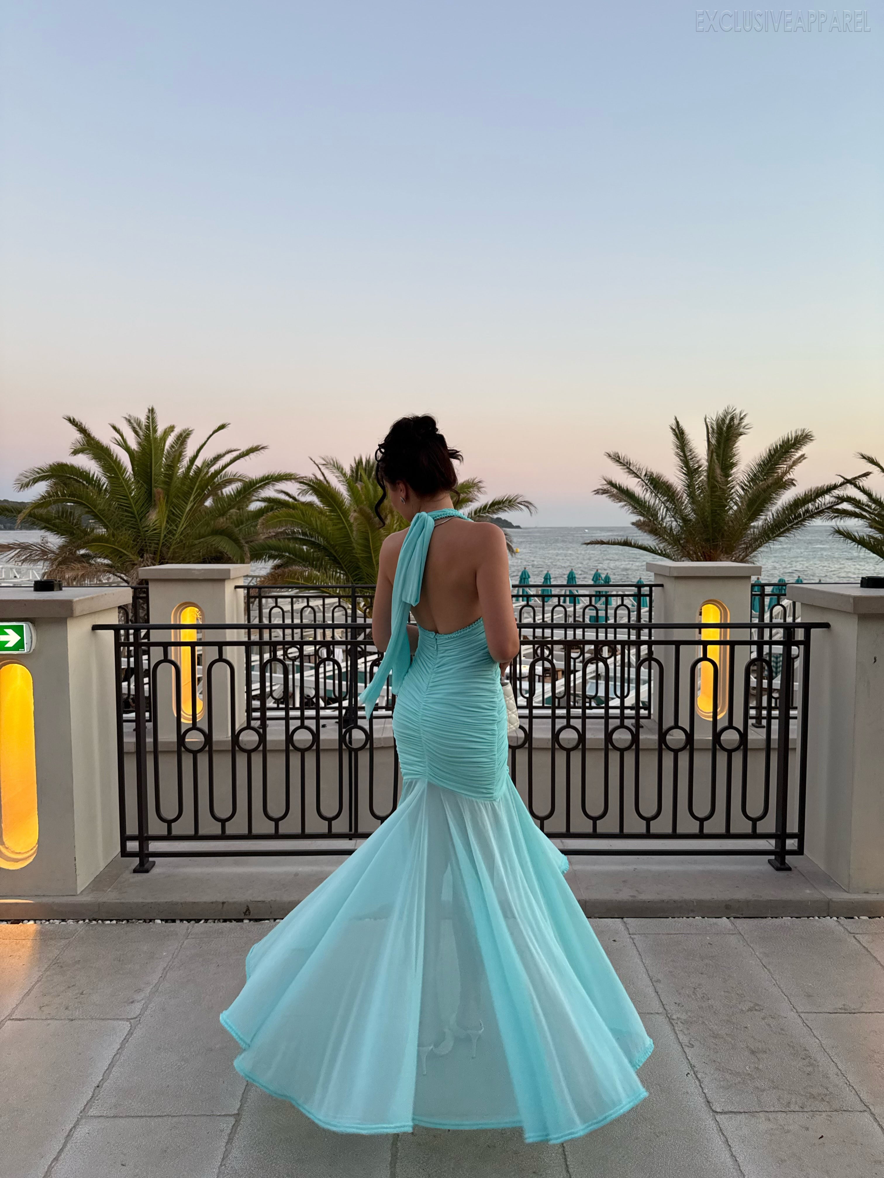 Elina Blue Neckline Deep V Leaf-Shaped Long Dress