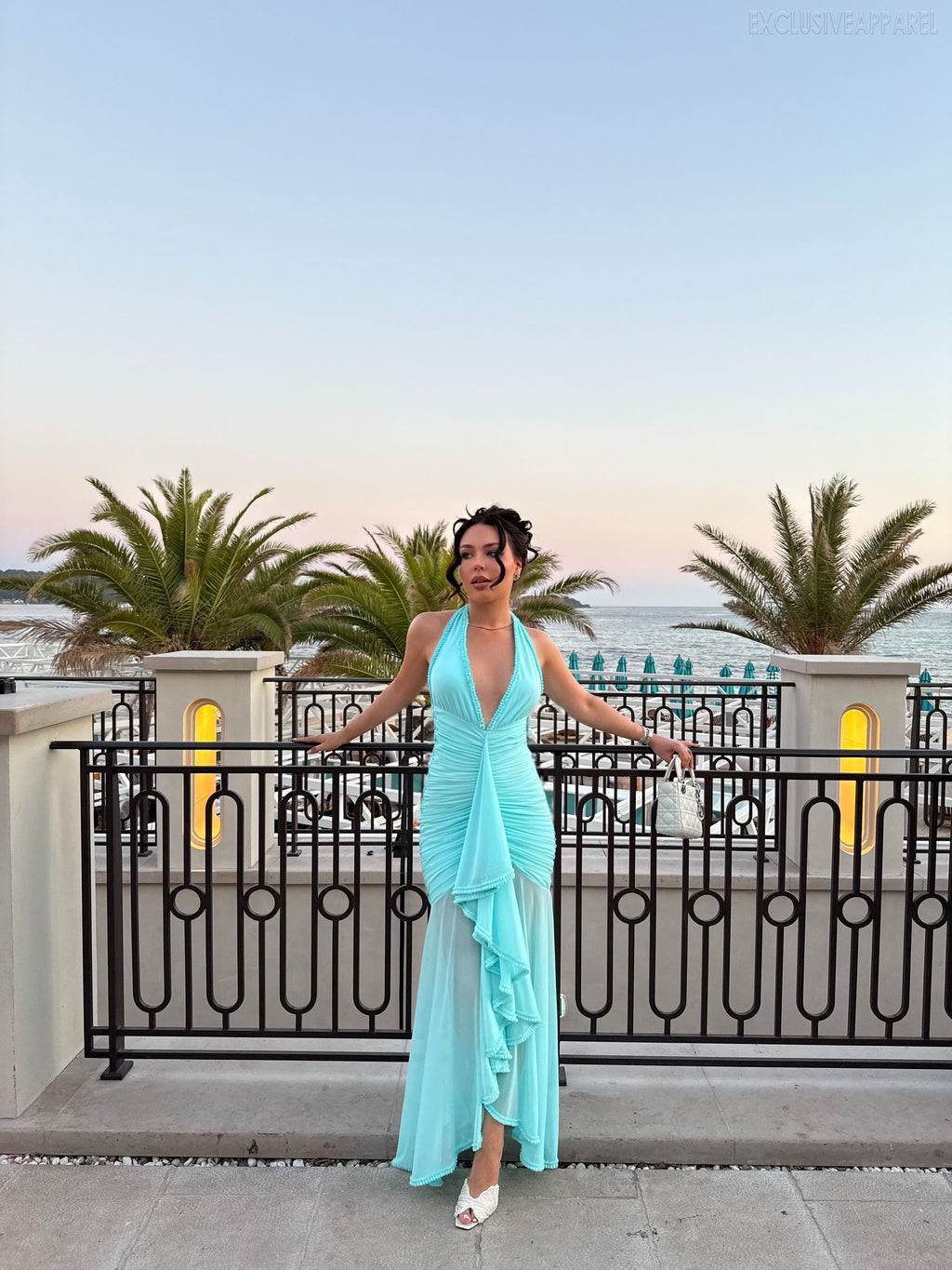 Elina Blue Neckline Deep V Leaf-Shaped Long Dress