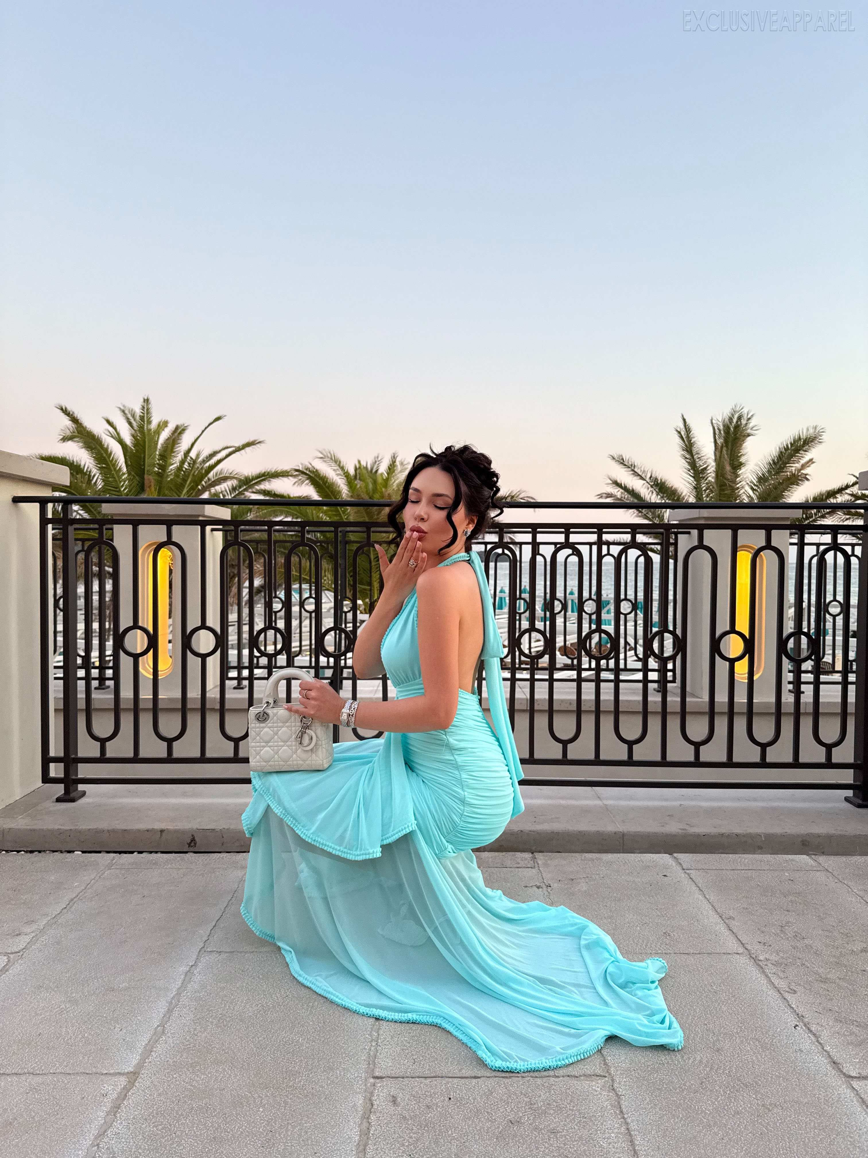 Elina Blue Neckline Deep V Leaf-Shaped Long Dress