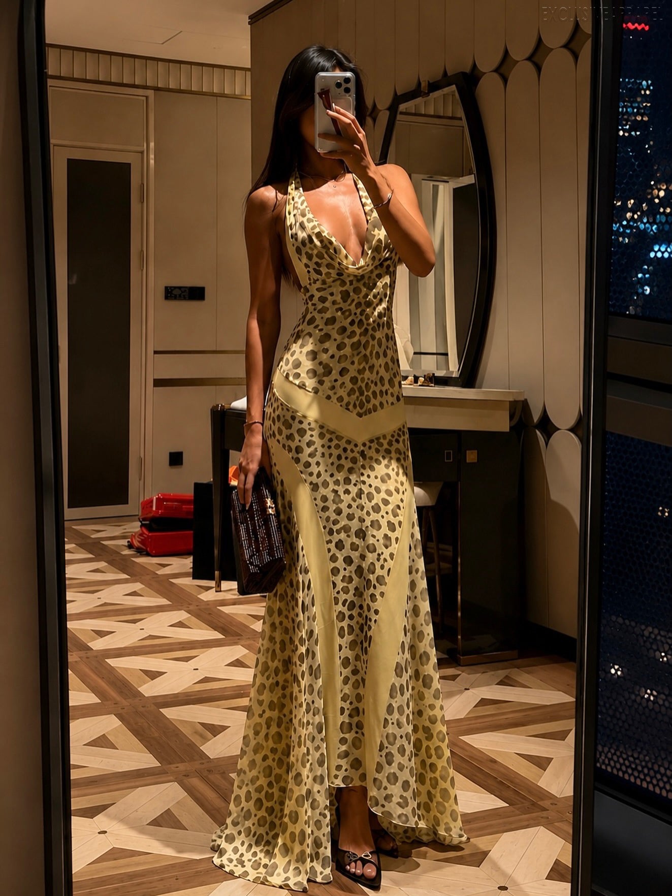 Chloe Yellow Leopard Print Halter Neckline Dress