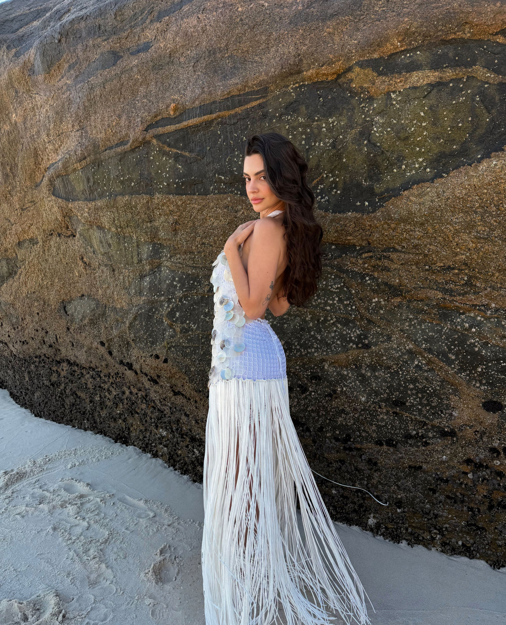 Estelle  White Halter Neck Backless Fringed Long Dress