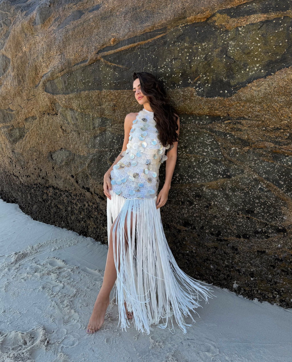 Estelle  White Halter Neck Backless Fringed Long Dress