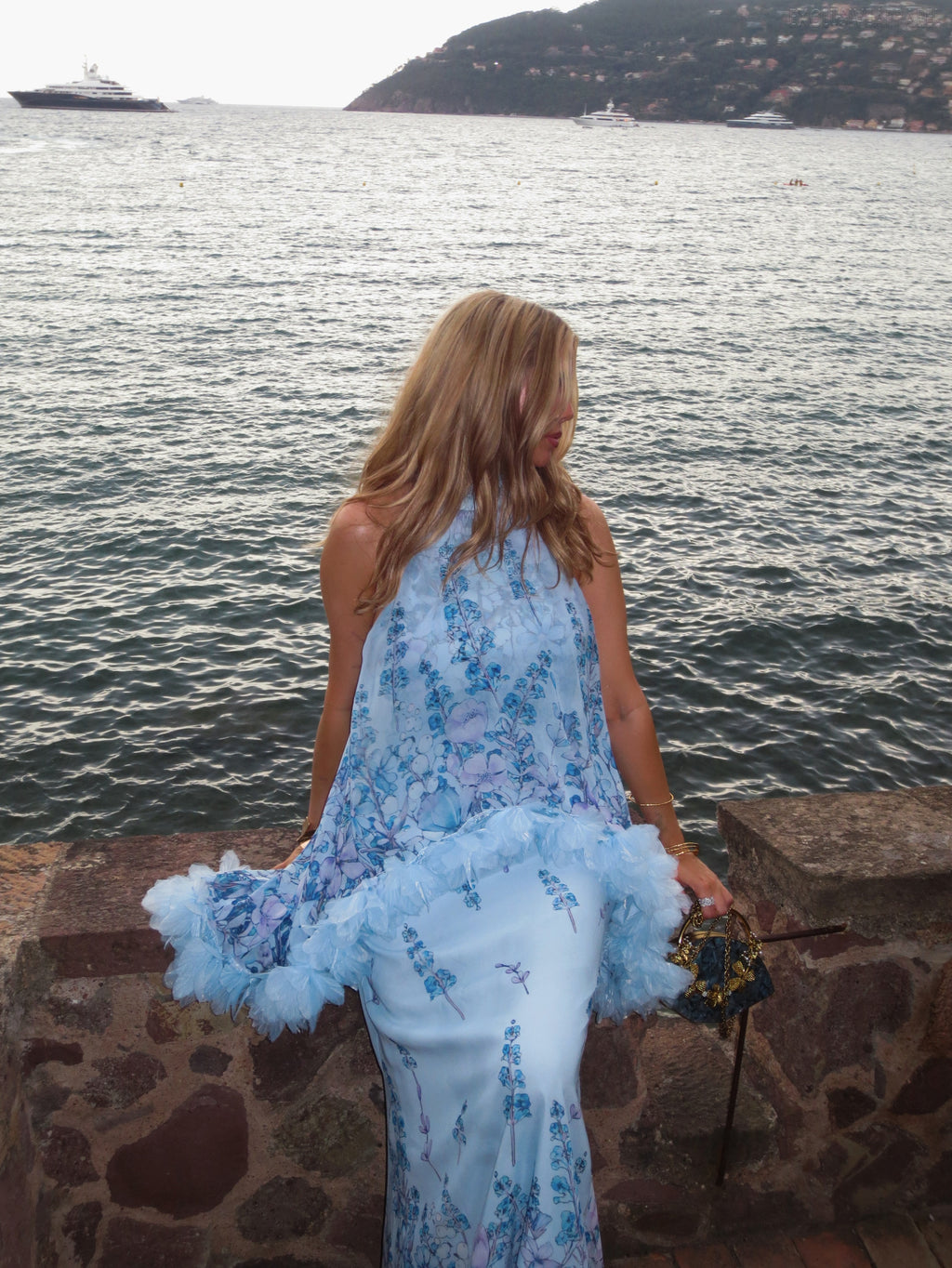 Vivian Blue Neckline Printed Frill Skirt Set