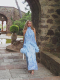 Vivian Blue Neckline Printed Frill Skirt Set