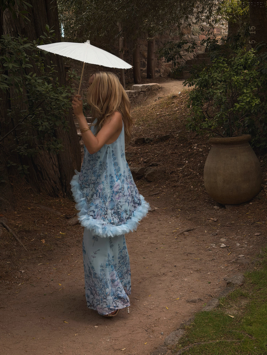 Vivian Blue Neckline Printed Frill Skirt Set