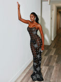 Aurora Black Netted Thin Strap Long Dress