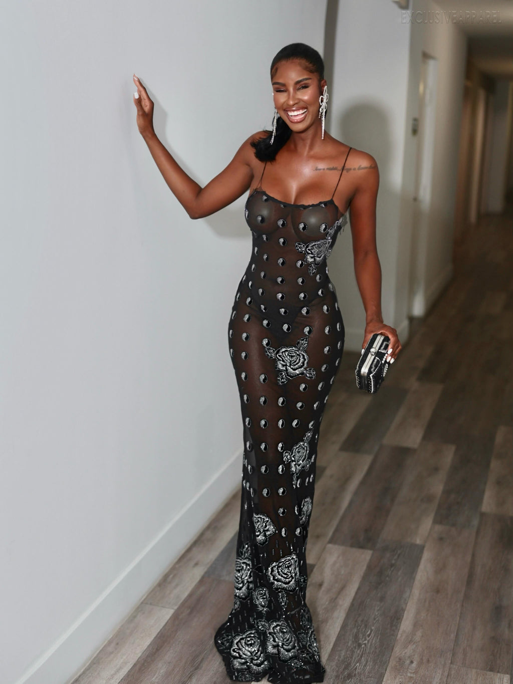 Aurora Black Netted Thin Strap Long Dress