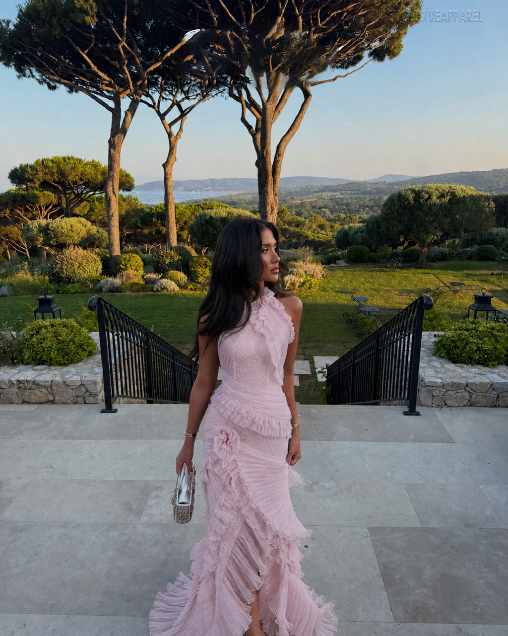 Junia Pink Asymmetric Ruffled Long Dress