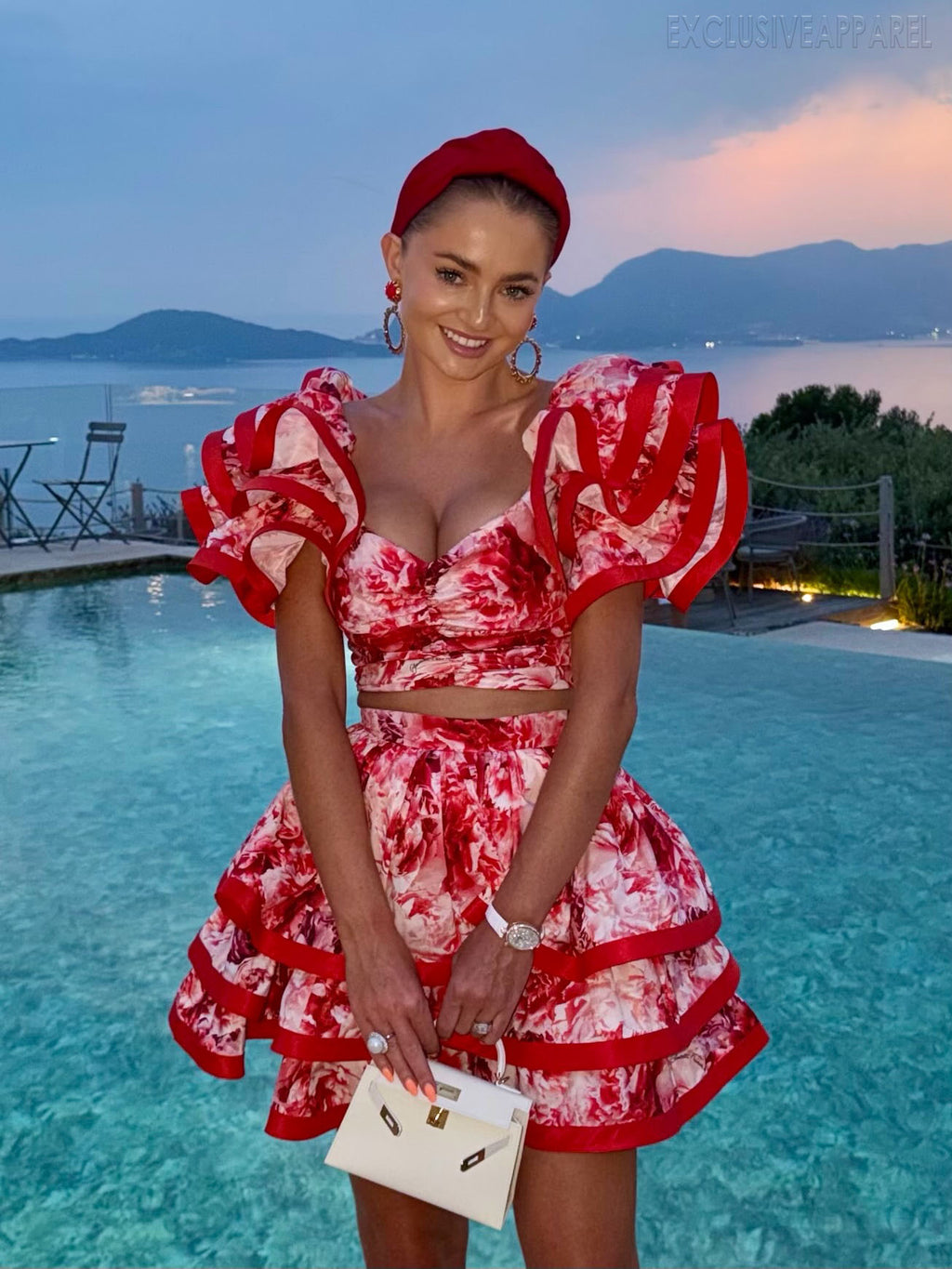 Elise Red Lotus Flower Floral Short Dress Set