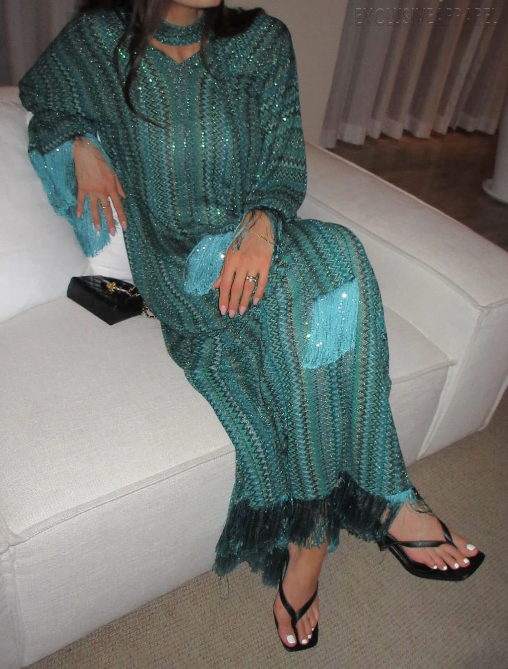 Avalynn Green Half-Neck Frill Long Dress