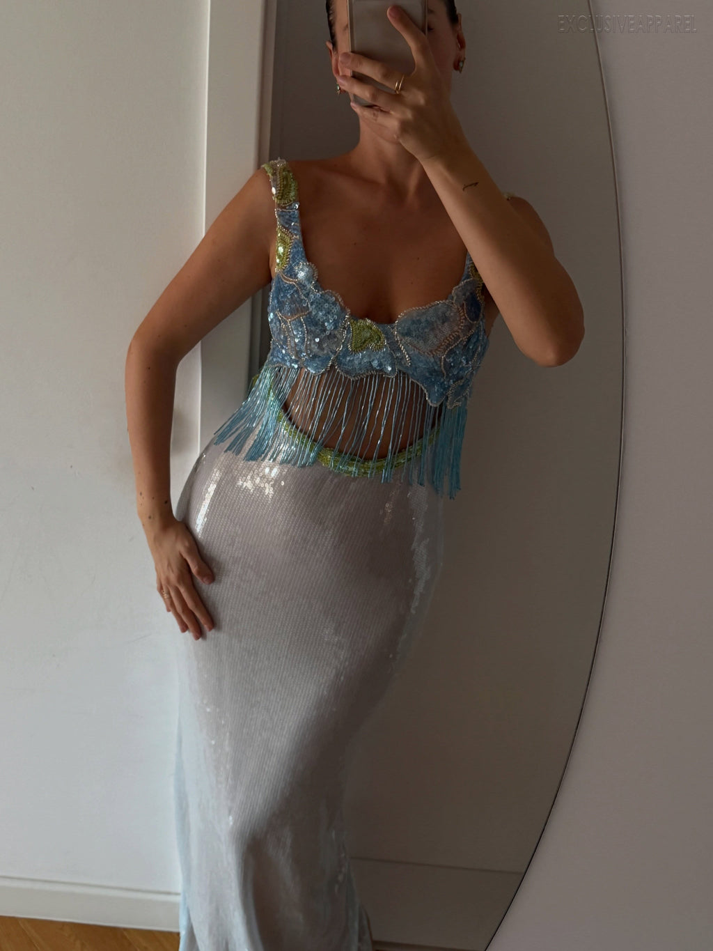 Dahlia Blue Sequined Fringed Floor-Length Dress