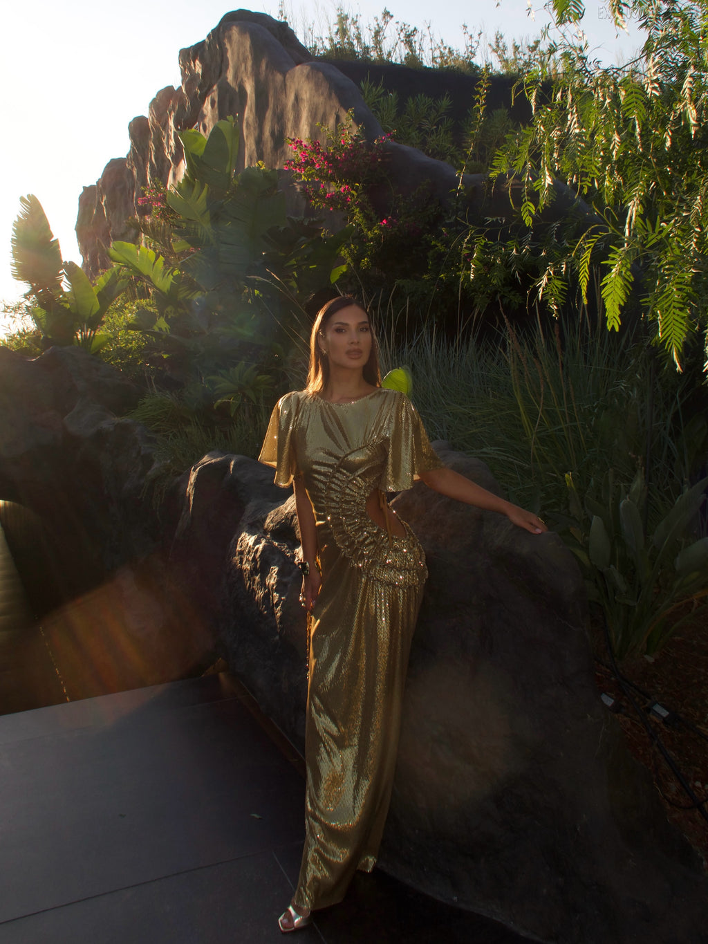 Audrey Golden Round-Neck Side-Slit Dress