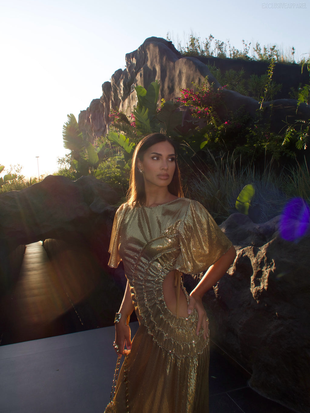 Audrey Golden Round-Neck Side-Slit Dress