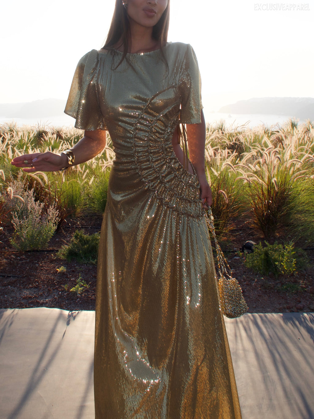 Audrey Golden Round-Neck Side-Slit Dress