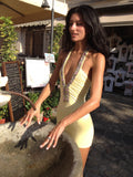 Zoey Yellow Halter-Neck V-Neck Short Dress