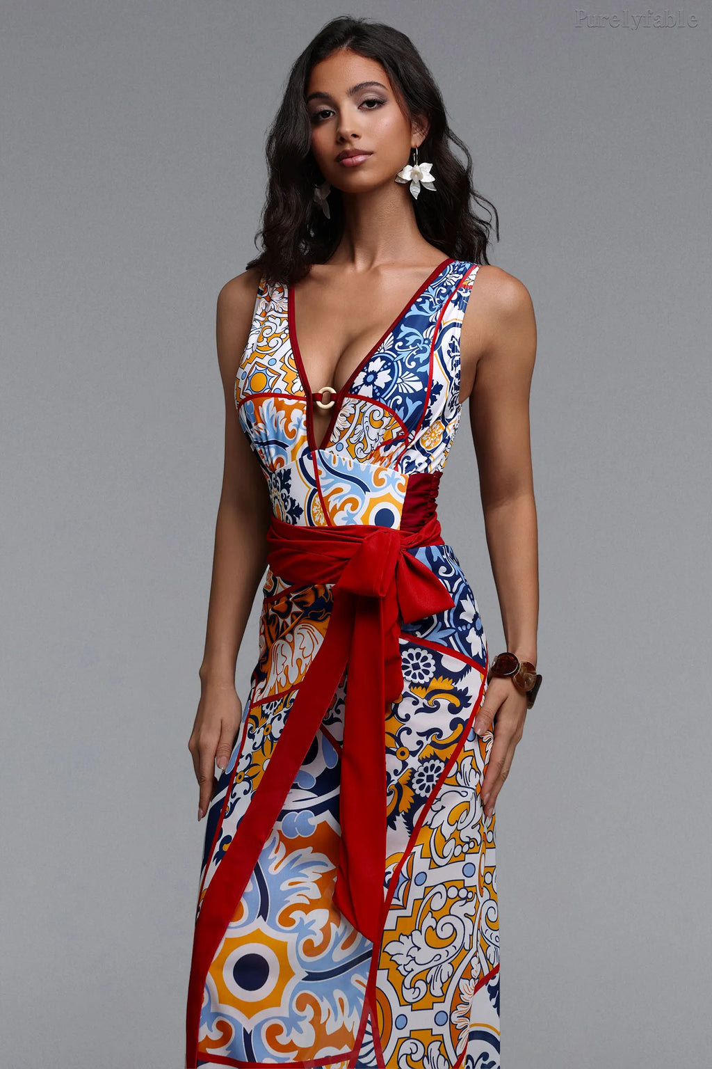 Mabel Red V-neck Printed One-Piece Swimwear Set
