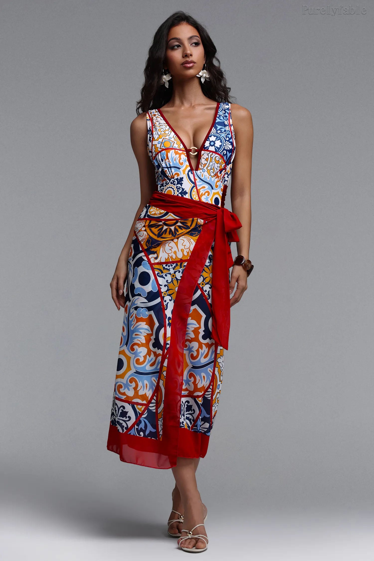 Mabel Red V-neck Printed One-Piece Swimwear Set