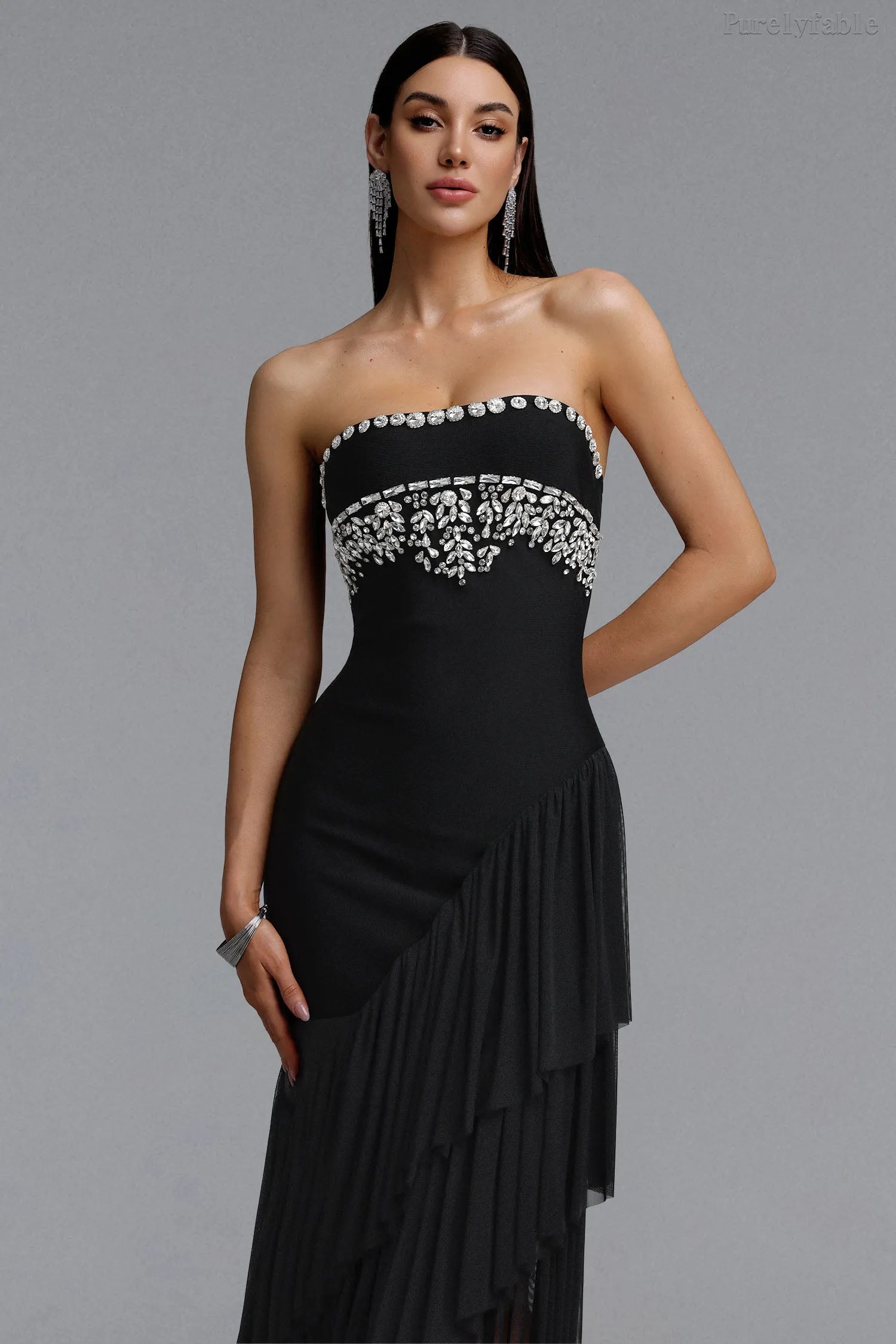 Aleah Black Strapless Diamond Studded Dress