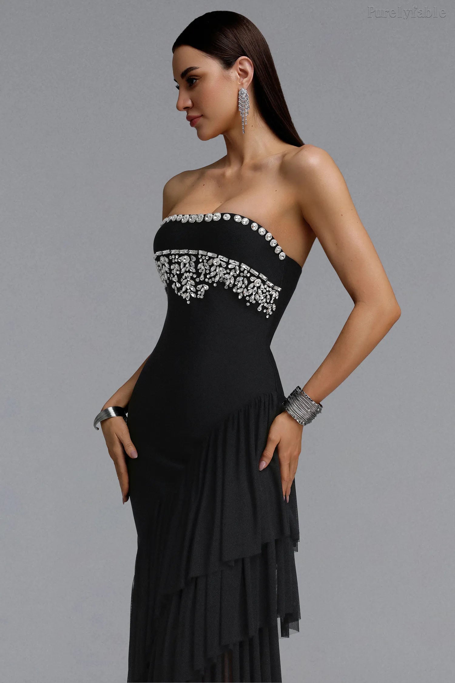 Aleah Black Strapless Diamond Studded Dress