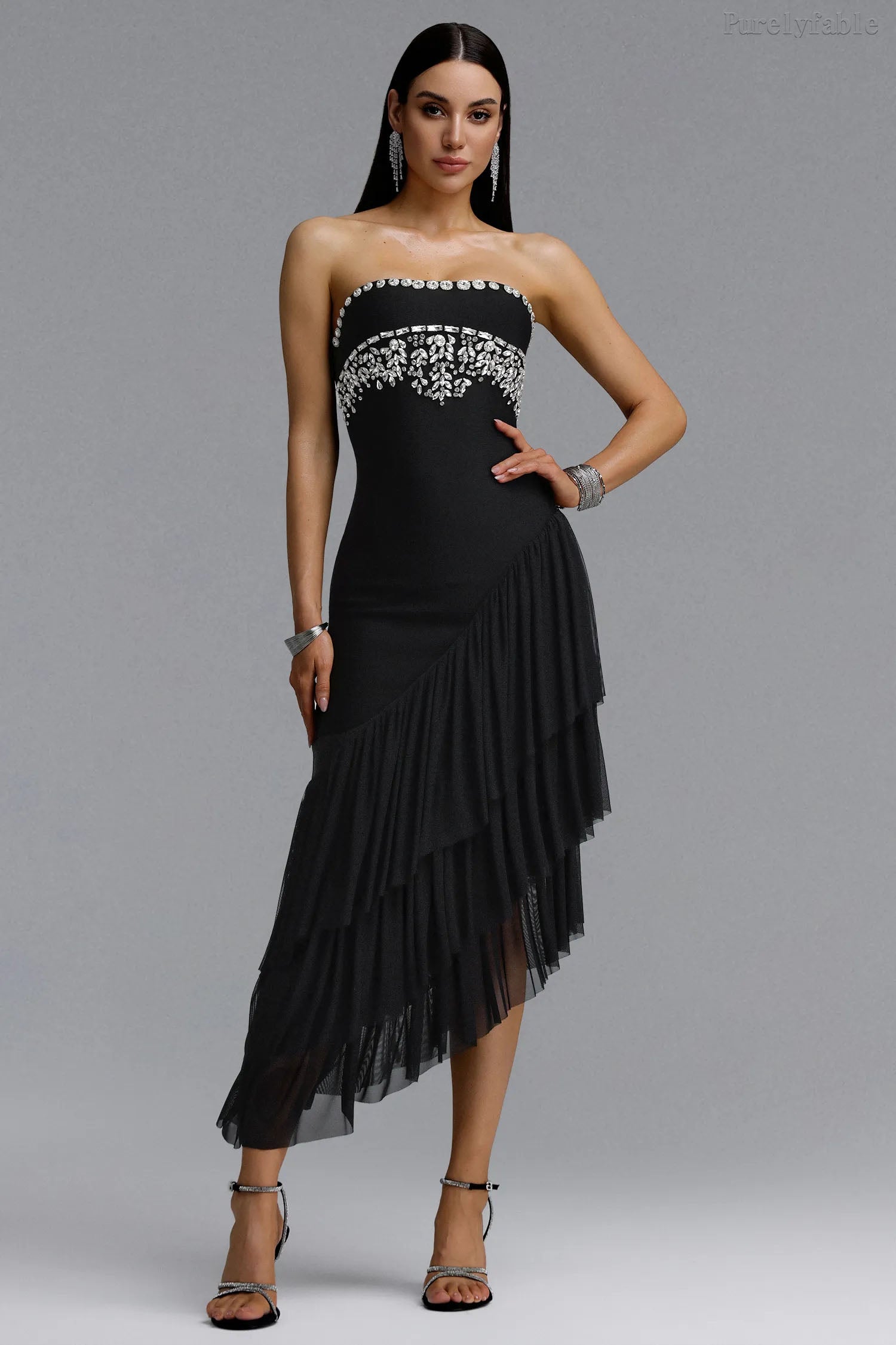 Aleah Black Strapless Diamond Studded Dress
