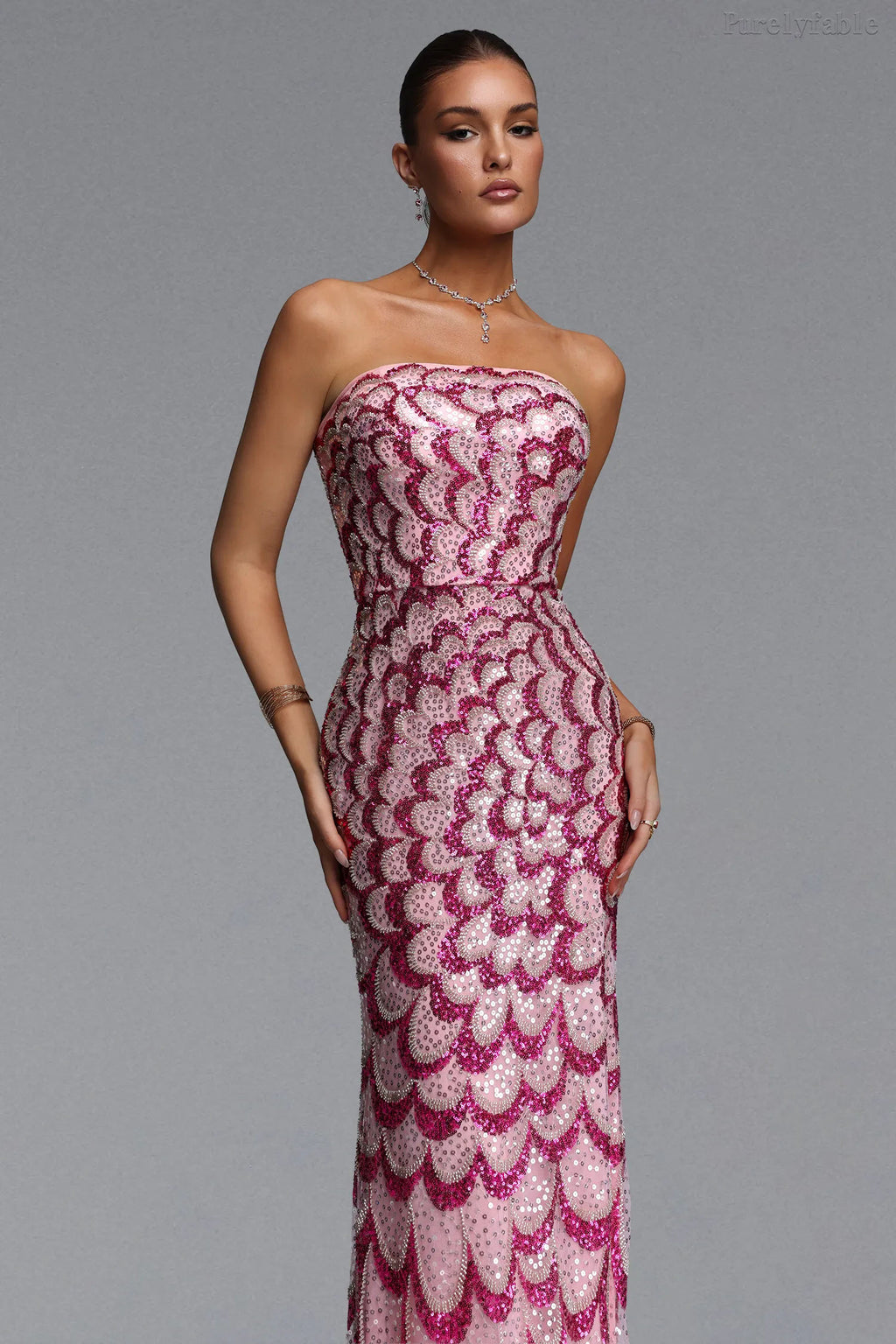 Hannah Magenta Strapless Sequined Dress