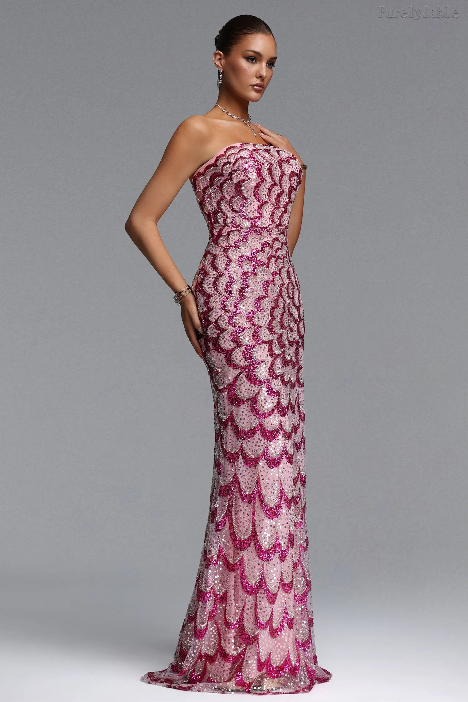 Hannah Magenta Strapless Sequined Dress