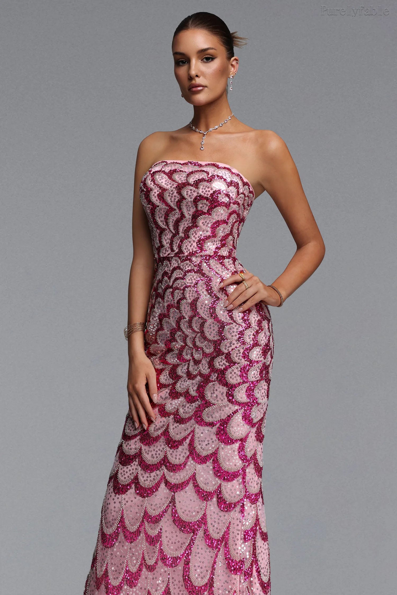 Hannah Magenta Strapless Sequined Dress