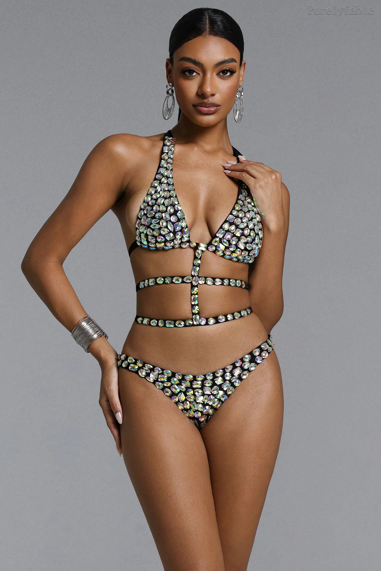 Thea Black RhinestoneChain Bikini Swimwear