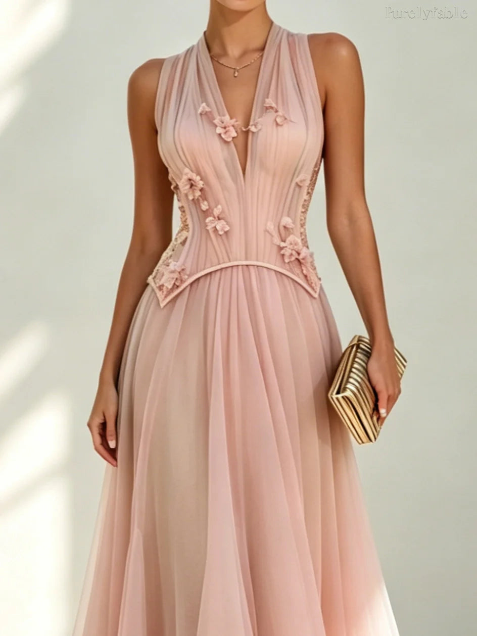 Tessa Pink Halter-Neck Dress Boning