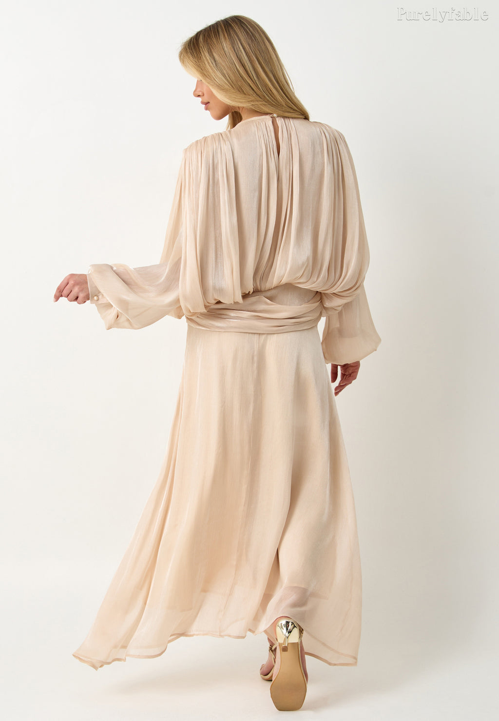 Jolie Khaki Long-Sleeved V-Neck Fitted A-Line Dress
