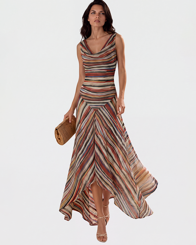 Adela Multicolor Sleeveless Striped Print Maxi Dress
