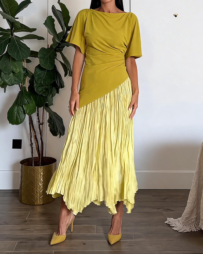 Elira Yellow Asymmetric Pleated Top and Pleated Skirt Two-piece Set