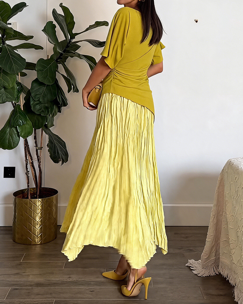 Elira Yellow Asymmetric Pleated Top and Pleated Skirt Two-piece Set