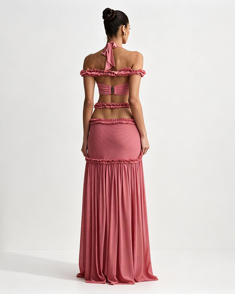 Alessandra Pink Halter Top and Pleated Skirt Two-piece Set